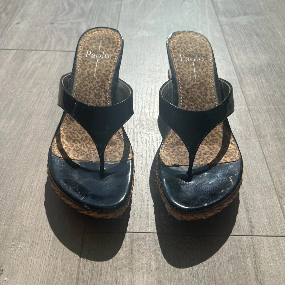 Paolo black patent with basket weave wedge - size 8